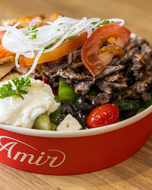 Amir food photography showing a shawarma plate.